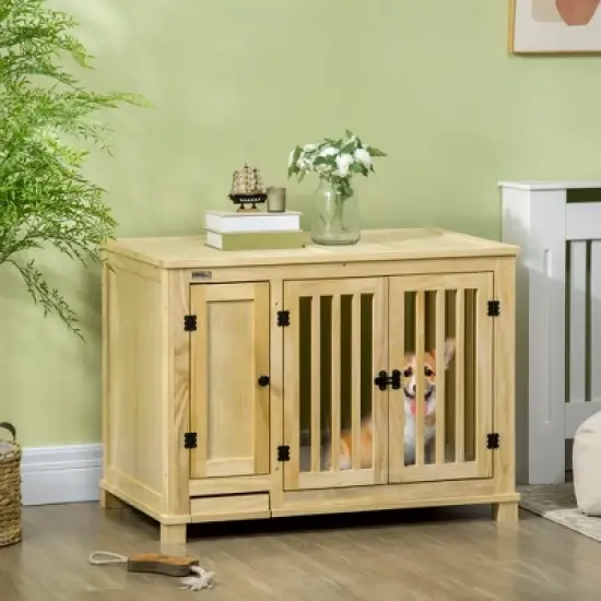 PawHut Small Dog Crate Furniture with Cabinet & Cushion, Wooden Dog Crate End Table with Food Bowl in Drawer, Indoor Dog Kennel Furniture Bed, Natural image {2}