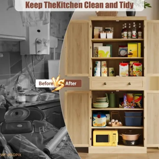 72" Farmhouse Kitchen Pantry Cabinet with 4 Doors, Adjustable Shelves & Drawer image {4}