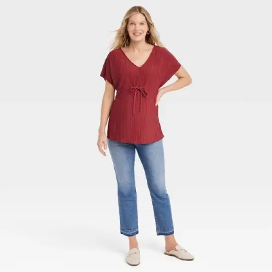 Short Sleeve Plisse Maternity And Beyond Shirt - Isabel Maternity by Ingrid & Isabel&trade; Maroon image {2}