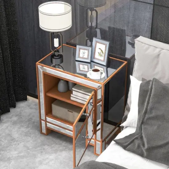 Modern Mirrored Nightstand With 1 Door, Silver - ModernLuxe image {2}