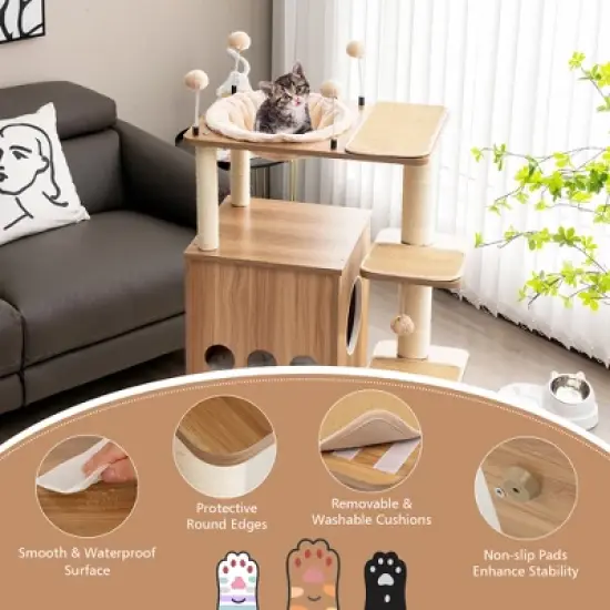Costway 52'' Modern Cat Tree Tower Multi-level Cat Play Center w/Deluxe Hammock Natural image {7}