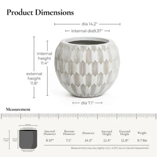LuxenHome 14" Dia Round Concrete Planter Indoor Outdoor Large Plant Pot with Drainage Hole and Plug Modern Geometric Pattern Flower Pot White image {2}