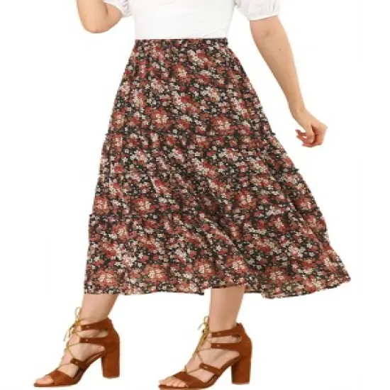 Allegra K Women's Floral Elastic Waist Tiered Ruffle Boho Midi Skirts image {13}