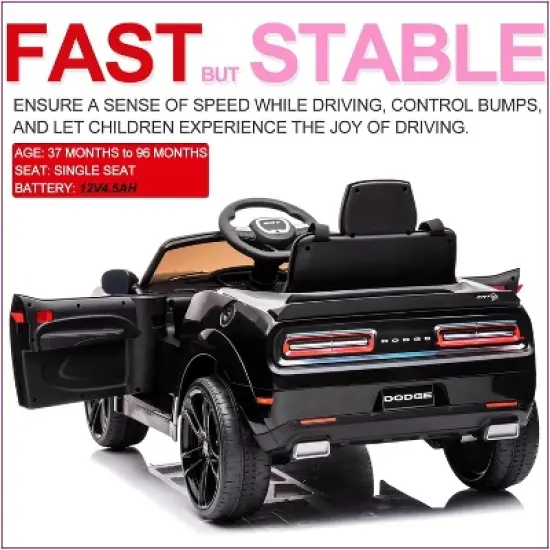 Kids Electric Car | Licensed Dodge Challenger Ride-On 12V Battery-Powered Vehicle with Remote, LED Lights, Bluetooth, MP3 for Boys and Girls image {3}