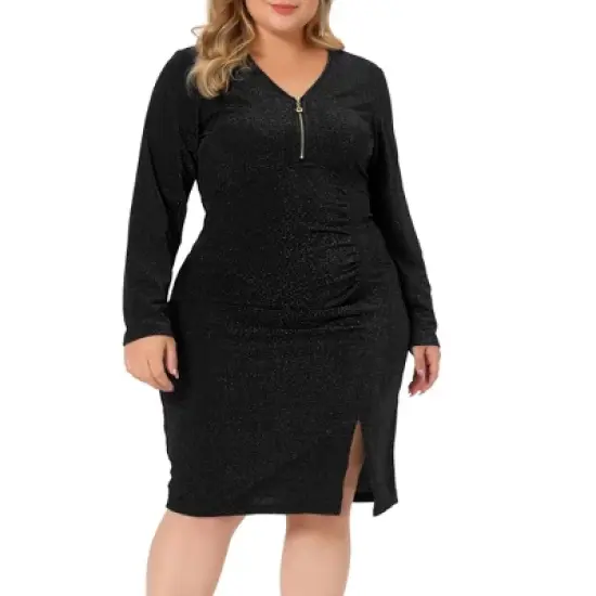Agnes Orinda Women's Plus Size Long Sleeve V Neck Zipper Split Hem Sequin Ruched Pencil Bodycon Dress image {1}