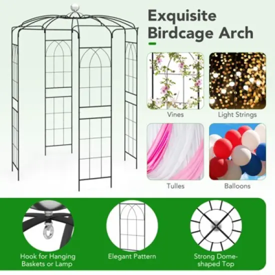 Tangkula Birdcage Shape Garden Arch 9.4 x 6.8FT Heavy Duty Arch Trellis with Hanging Hook for Climbing Plants image {5}