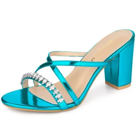 Allegra K Women's Crisscross Strap Rhinestone Block Heel Slide Sandals image {10}