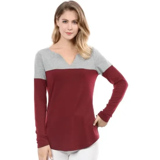 Allegra K Women's Color Block Stretch Split V-Neck T-Shirt image {7}