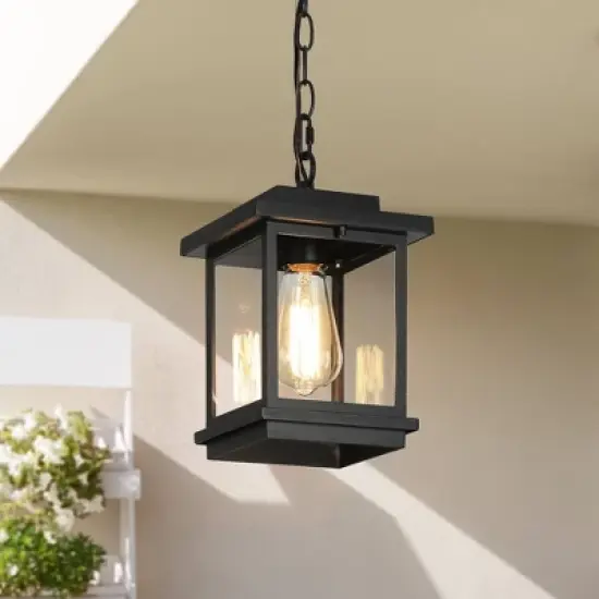 LNC 8" Square Cage Modern Outdoor Pendant Lamp Matte Black: Weather-Resistant, Glass Shade, E26 image {3}