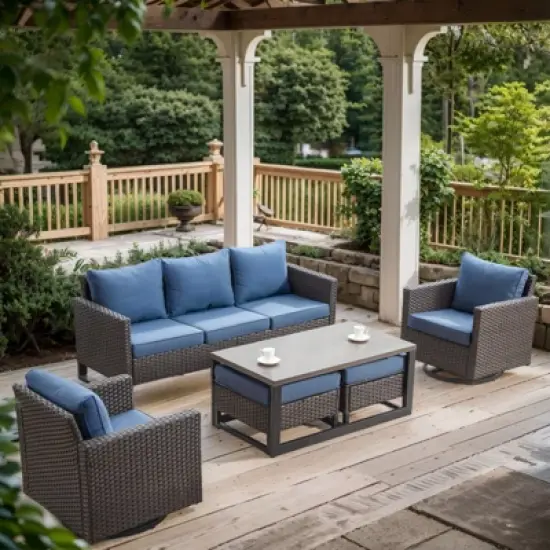 POCASSY 6 Pieces Patio Furniture Set, Steel Frame Brown Wicker Outdoor Furniture with 3-Seater Sofa Swivel Patio Chair Coffee Table and Ottoman image {13}