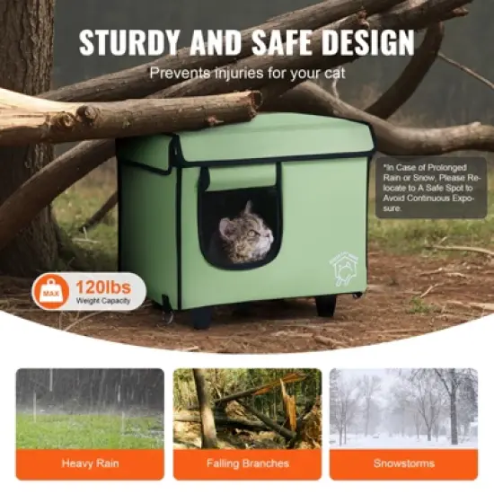 VEVOR Elevated Heated Cat House, Cuboid Kitty Shelter with Adjustable Temperature and Timer, 900D Oxford Cloth Foldable Cat Shelter, Green (Small) image {5}