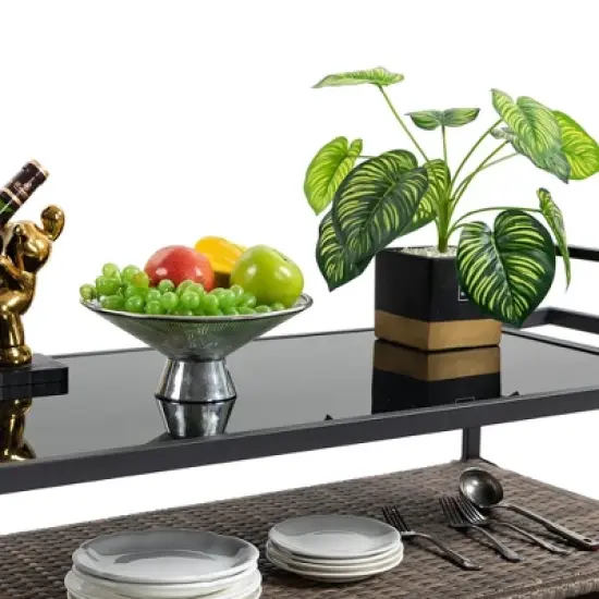 MOEPISY Outdoor Wicker Serving Carts, Patio Serving Cart with Wheels, Rolling Rattan Beverage Bar Counter Table image {8}