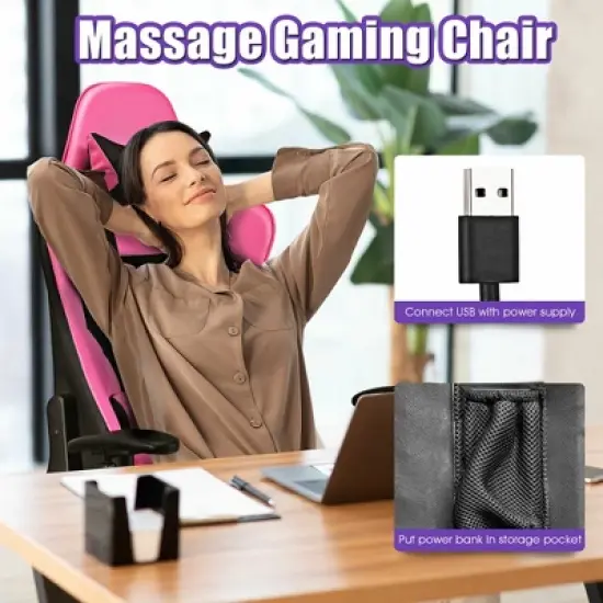 Costway Gaming Chair  Massage  Reclining  Racing Office Computer Chair with Footrest Pink image {5}