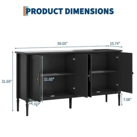 Large Sideboard Cabinet, 59" Modern Credenza Buffet Table Coffee Bar Wine Bar, Storage Cabinet with Adjustable Shelves image {2}