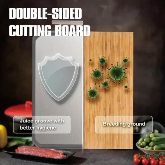 Attop Double Sided Steel Cutting Board Set for kitchen,Stainless Steel/Wheat straw pp Large for meat,Dishwasher Safe [16 * 11+12 * 8.3 Inch] image {4}