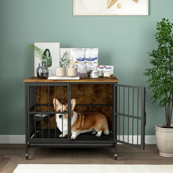 Dog Crate Furniture, Dog Crate for Large Medium Dogs, Wooden Dog Kennel End Table, 37.8" Dog Cage Large Dogs with Wheel & with Flip-Top image {7}