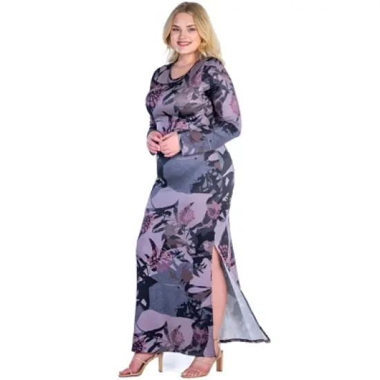 Womens Plus Size Floral Print Long Sleeve Side Slit Maxi Dress image {3}