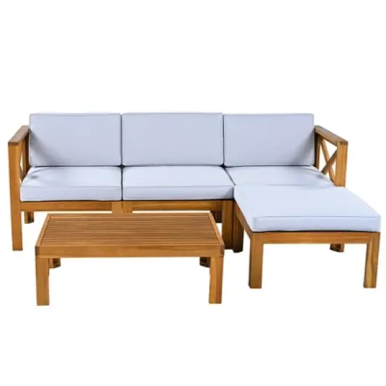 Maliang&nbsp; Outdoor Backyard Patio Wood 5-Piece Sectional Sofa Seating Group Set with Cushions, Natural Finish+ Cushions image {18}