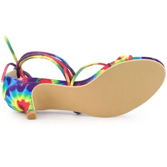 Allegra K Women's Lace Up Strappy Tie Dye Kitten Heels Sandals image {5}