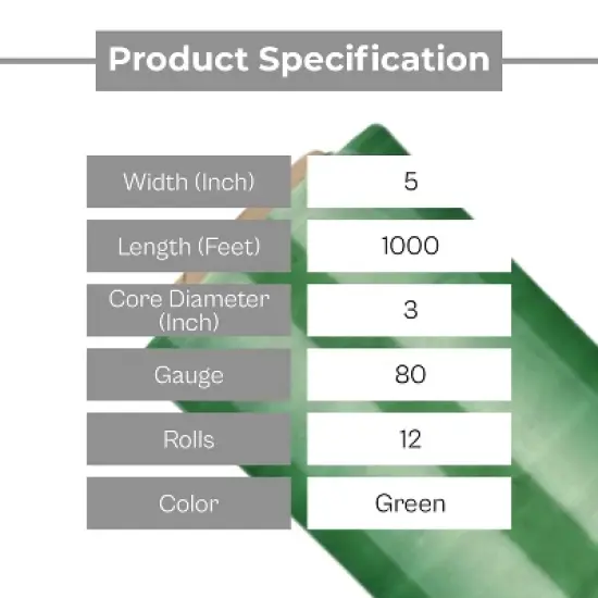 PSBM 12 Rolls 5" x 1000 Ft. Green Hand Wrap Stretch Shrink Film with Handle, 80 Ga image {3}