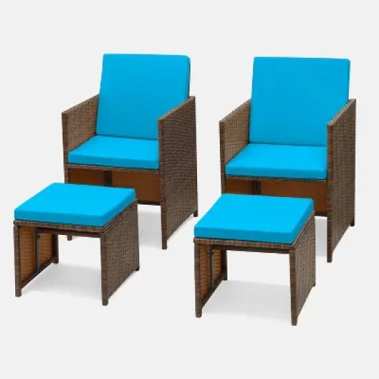4pc Outdoor Wicker Rattan Set with Cushioned Chairs & Ottomans - Devoko
 image {8}