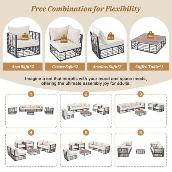 YOOCOZZ Metal 7-Piece Patio Sectional Sofa Set with Coffee Table and Thick Cushions image {8}