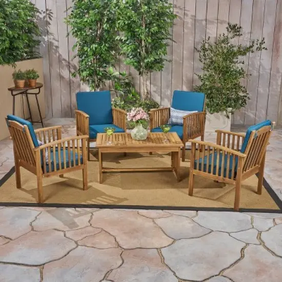 Carolina 5pc Acacia Club Chairs with Coffee Table Brown Patina Finish/Dark Teal - Christopher Knight Home: Weather-Resistant Outdoor Seating Set image {6}