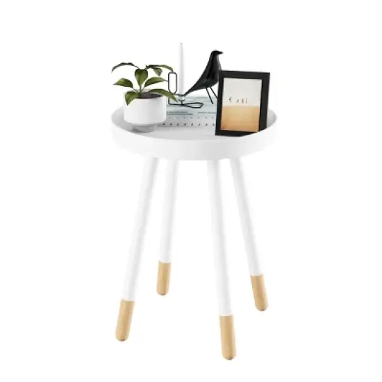 Hastings Home Mid-Century Modern Round Wooden End Table With Tray Top - White/Natural image {6}