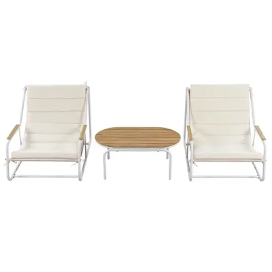 3 PCS Outdoor Patio Chaise Lounge Chair Set with Acacia Side Table, Cushioned Chair Pool Lounge Chair for Lawn Deck Beach,Beige+Black/White-ModernLuxe image {8}