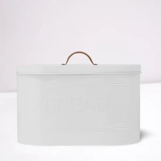 Amici Home White Carmel Metal Storage Bread Bin with Handled Lid, Airtight Seal, Food Safe, White w/ Relief Pattern & Brown Handle, 288 oz. image {5}