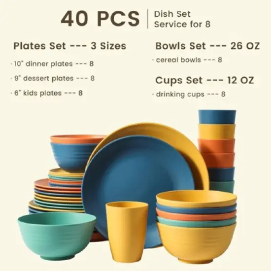 Itopfox 40-Piece Premium Wheat Straw Dinnerware Set, Service for 8, Unbreakable Plates & Bowls, Dishwasher & Microwave Safe, Eco-Friendly Kitchenware image {1}