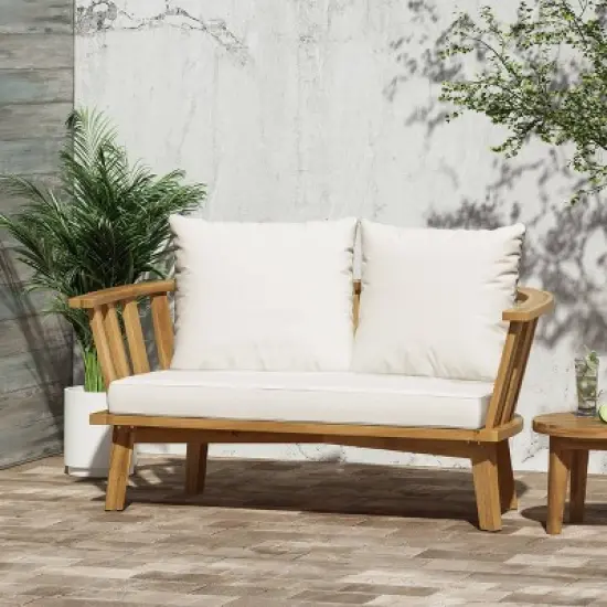 Solano Outdoor Wooden Loveseat with Cushions - White/Teak - Christopher Knight Home image {1}