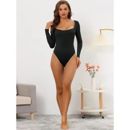 Allegra K Women's Long Sleeve Slim Fit Stretchy Square Neck Leotard Jumpsuit image {3}