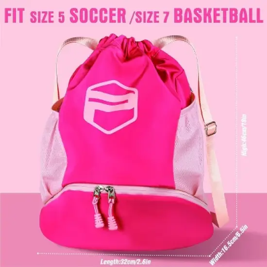 Soccer Ball Bags, Drawstring Basketball Backpack for Sport Training with Ball Shoe Dry and Wet Compartments(Pink) image {3}