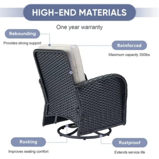 POCASSY Black Wicker Patio Furniture Set Outdoor Swivel Rocker Patio Glider Chairs Set of 2 with Side Table for Porch Balcony in Beige Cushion image {5}