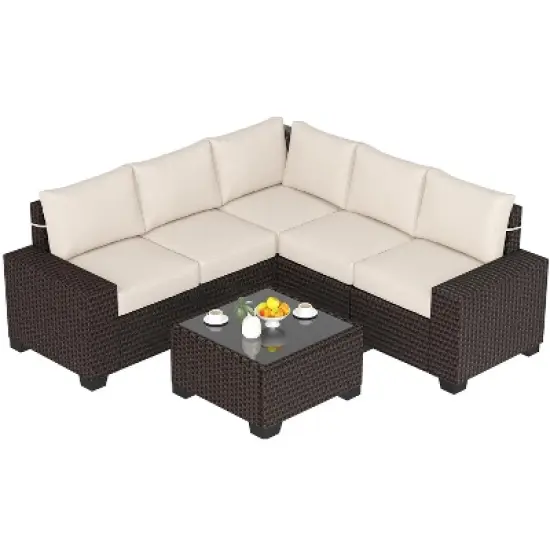 6-Piece All-Weather Sectional Patio Sofa Set, Rattan Wicker Couch Set with Glass Coffee Table for Backyard, Garden, or Balcony image {5}
