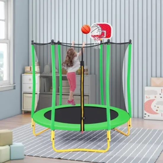 Whisen 65" Toddler Trampoline, Indoor & Outdoor Use, Enclosure, Basketball Hoop & Included Ball image {3}