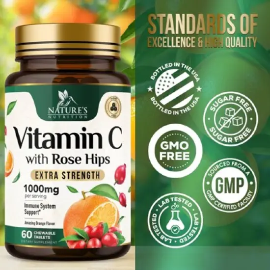 Chewable Vitamin C 1000mg - Extra Strength Antioxidants for Powerful Immune Support w/Vitamin C & Rose HIPS - Potent Dietary VIT C Chews - 60 Tablets image {3}