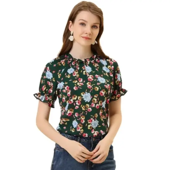 Allegra K Women's Floral Ruffled Short Sleeve Mock Neck Blouses image {11}