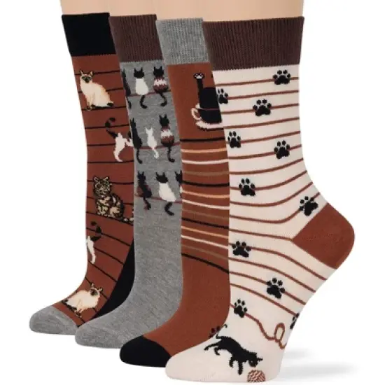 Women Cotton Calf Patterned Socks - 4 Pack - Coffee, Puppy, Flowers, Birds, Cat - Shoe Size 5-9 M, 8-12 L - Multicolors | 7BIGSTARS KINGDOM image {8}