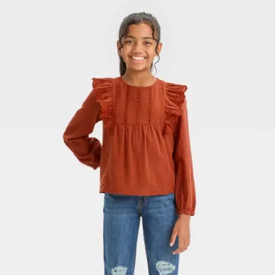 Girls' Long Sleeve Woven Ruffle Shirt - Cat & Jack&trade; Chestnut Orange image {3}