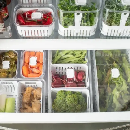 OU Fridge Organizer Bin with Drain Basket & Vented Lid, Clear Stackable Refrigerator Storage Container, Produce Kitchen Storage Bin, BPA Free, 4 Pack image {2}