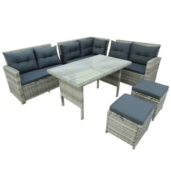 6pc Wicker Patio Set with Glass Table Ottomans - Gray/Dark Gray - GODEER image {20}