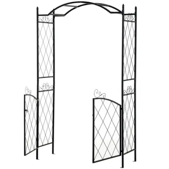 Outsunny 85'' Metal Garden Arbor with Gate, Outdoor Steel Arch with Scrollwork for Climbing Vines, Ground Mountable Columns image {3}