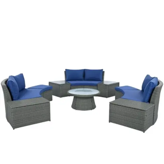 FIONECA 10-Piece Outdoor Sectional Half-Round Patio Rattan Sofa Set, Blue PE Wicker Conversation Furniture, Modular Combination image {12}