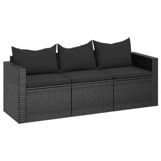 vidaXL 3-Seater Patio Sofa with Cushions Black Poly Rattan image {9}