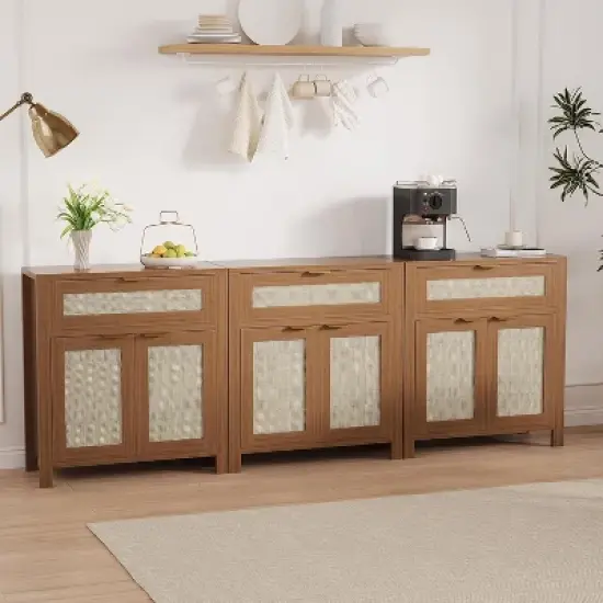 Sideboard Buffet Cabinet, Wooden Credenza Storage Cabinet with Adjustable Shelves, Drawers and Rattan Doors, Accent Buffet Console Table image {9}