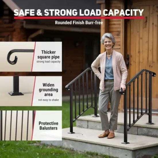 Mojgar Handrails for Outdoor Steps, Stair Handrail Fits 2 to 3 Steps, Wrought Iron Hand Rail Stair Railing Kit image {6}