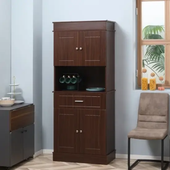 HOMCOM 72" Kitchen Buffet with Hutch, Freestanding Pantry Cupboard with Utility Drawer, Adjustable Hinge, Anti-tipping 2 Cabinet and Countertop, Brown image {1}