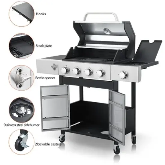 Kumasinova 4-Burner Propane Gas BBQ Grill with Side Burner,46790BTU Output,Stainless Steel Grills with Enameled Cast Iron Cooking Grids&Thermometer image {3}